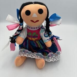 Vintage Mexican Rag Doll 9” Colorful Dress Braided Hair Hand Made Folk Art Cloth
